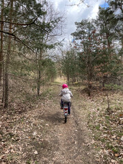 Obraz premium Wuhlheide, Berlin, Lichtenberg, Karlshost, Wald, Frühling, Waldweg, Naturschutzgebiet, Nadelwald, Fahrrad fahren, Kind, Natur, mit Kind