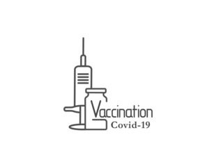 Injection icon drawing in outline style. Contour syringe sign with needle and medication.