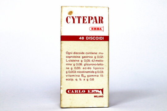 Vintage 1962 CYTEPAR ERBA, medicine with Gastric mucoprotein, Nicotinamide, Methionine, Vitamin B12 for the treatment of cirrhosis, hepatitis. CARLO ERBA &ndash; Milan (Italy)