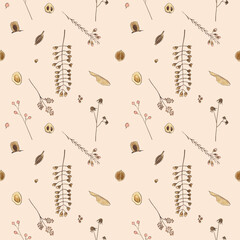 Flower seamless pattern with abstract floral branches with leaves, blossom flowers and berries. Design for banner, poster, postcard, invitation, wallpaper, fabric and scrapbook