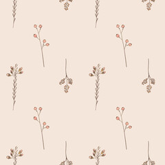 Flower seamless pattern with abstract floral branches with leaves, blossom flowers and berries. Design for banner, poster, postcard, invitation, wallpaper, fabric and scrapbook