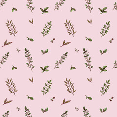 Flower seamless pattern with abstract floral branches with leaves, blossom flowers and berries. Design for banner, poster, postcard, invitation, wallpaper, fabric and scrapbook