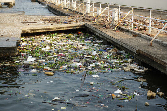 River that is polluted with various garbage and trash floating on the surface.