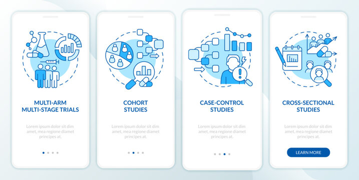 Clinical studies types blue onboarding mobile app screen. Healthcare walkthrough 4 steps graphic instructions pages with linear concepts. UI, UX, GUI template. Myriad Pro-Bold, Regular fonts used