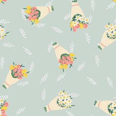 Bouquet set with spring flowers tulips and daffodils seamless pattern background. Illustration