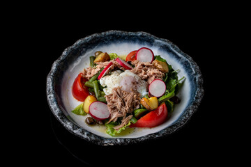 Gourmet nicoise salad in a stone dish, top view, copy space, advertisement photo