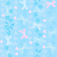 Soft seamless pattern of vertical stripes silhouettes small hearts and bows on light blue background.