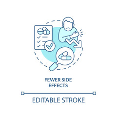 Fewer side effects turquoise concept icon. Clinical trials advantage for participant abstract idea thin line illustration. Isolated outline drawing. Editable stroke. Arial, Myriad Pro-Bold fonts used