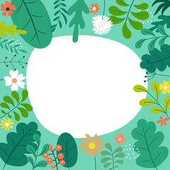Abstract spring and summer flat simple natural background with flowers, plant and copy space for banner, greeting card, poster. Illustration