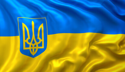 Flag of Ukraine with coat of arms, blowing in the wind. Full page Ukrainian flying flag. - obrazy, fototapety, plakaty