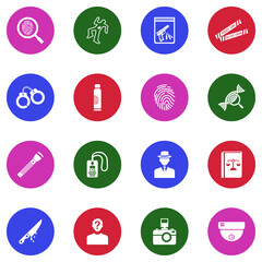 Crime Investigation Icons. White Flat Design In Circle. Vector Illustration.