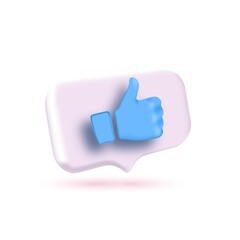 Pink 3d realistic bubble with a blue thumbs up icon with a shadow isolated on a white background.