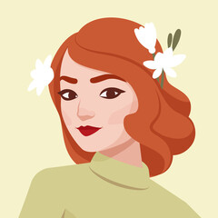 Beautiful ginger woman portrait, girl wearing flower hair accessory. Smart red haired attractive modern female social media profile picture. Vector flat style creative illustration, beige background