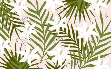 Botanical poster vector illustration. Foliage drawing with abstract shapes. Leaves, ferns and flowers art print. Abstract nature and plants design for background, wallpaper, card, wall art