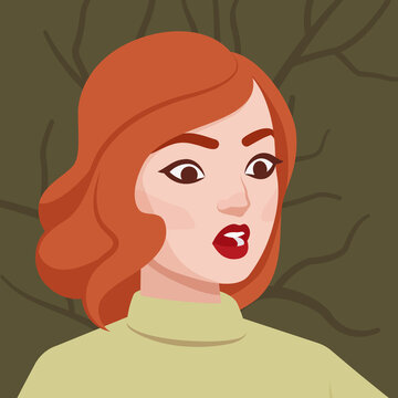 Woman feeling, showing surprise, beautiful ginger lady portrait. Smart red haired emotional modern female social media profile picture. Vector flat style creative illustration, green background