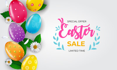 Easter sale poster template with 3d realistic Easter eggs and paint. Template for advertising, poster, flyer, greeting card. Illustration