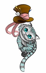 Grey cat in blue stripes with a hat in the style of graphics - obrazy, fototapety, plakaty