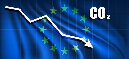 EU reducing co2 carbon dioxide emission graph down european union flag background - obrazy, fototapety, plakaty