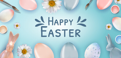Easter poster template with 3d realistic Easter eggs. Template for advertising, poster, flyer, greeting card. Illustration