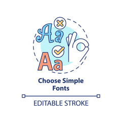 Choose simple fonts concept icon. Text for business style. Graphic design rules abstract idea thin line illustration. Isolated outline drawing. Editable stroke. Arial, Myriad Pro-Bold fonts used