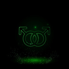 A large green outline homosexual symbol on the center. Green Neon style. Neon color with shiny stars. Vector illustration on black background