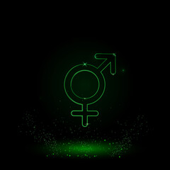 A large green outline bigender symbol on the center. Green Neon style. Neon color with shiny stars. Vector illustration on black background