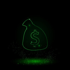 A large green outline bag of money symbol on the center. Green Neon style. Neon color with shiny stars. Vector illustration on black background