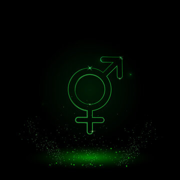 A large green outline bigender symbol on the center. Green Neon style. Neon color with shiny stars. Vector illustration on black background