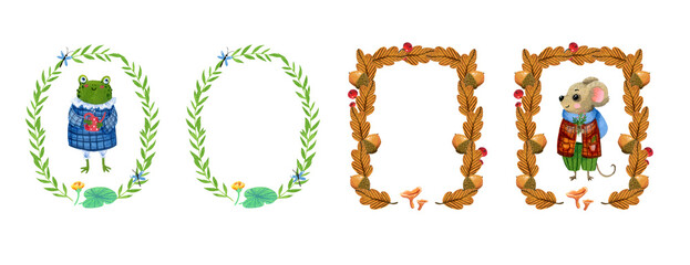 set of frames from leaves with a mouse and a frog on a white background.