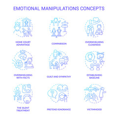 Emotional manipulations blue gradient concept icons set. Silent treatment idea thin line color illustrations. Guilt and sympathy. Isolated symbols. Roboto-Medium, Myriad Pro-Bold fonts used