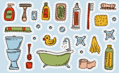 Bath doodle vector illustration. Hand draw set of home bathroom hygiene accessories. Sketch icons for hotels, plumbing and cosmetics stores