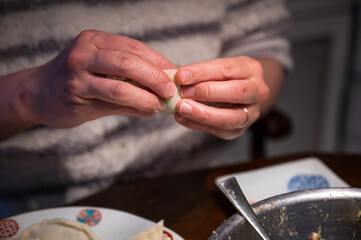 餃子を作る若者の手