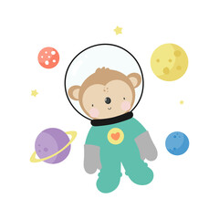 Space collection. Vector illustration in cartoon style . Monkey cosmonaut, planets, stars. For kids stuff, card, posters, banners, children books and print for clothes, t shirt, icons.