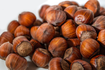 Hazelnuts in the shell. Round filbert, ripe fruit of a Corylus avellana hazel shrubs.