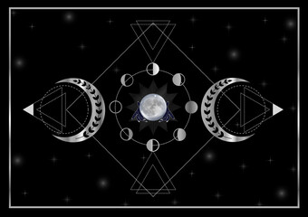 Triple Goddess silver moon phases with witch hands