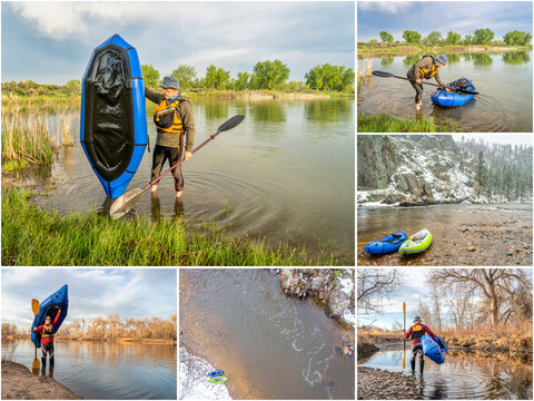 paddling inflatable packraft (one-person light raft used for expedition or adventure racing) in Colorado - set of pictures featuring the same senior male paddler