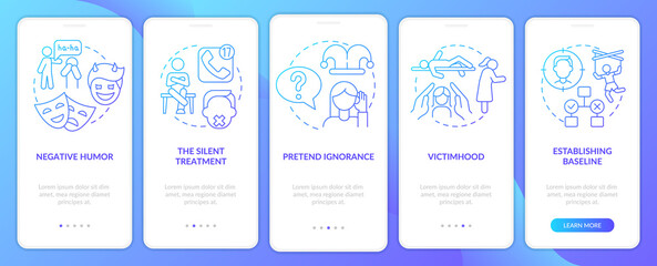 Emotional manipulation cases blue gradient onboarding mobile app screen. Walkthrough 5 steps graphic instructions pages with linear concepts. UI, UX, GUI template. Myriad Pro-Bold, Regular fonts used