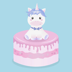 cute white unicorn is sitting on the cake. Print for postcards, t-shirts, prints, banners. Vector design isolated on background