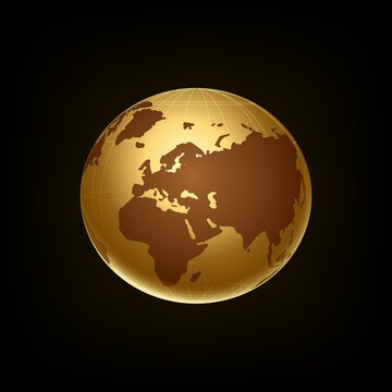 Golden globe isolated on black background.