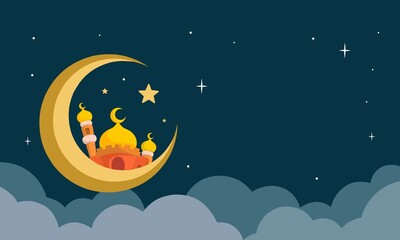 Obraz na płótnie Canvas Ramadan Kareem or Eid greeting card template. Vector graphic illustration. Mosque design concept with crescent and star in flat design cartoon style, Perfect for banner or poster.