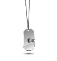 Metal tag with a bullet hanging on a chain isolated on white background. The bullet hit the tag.