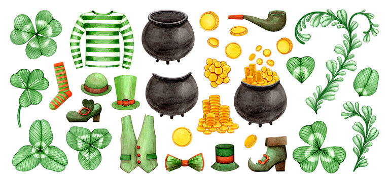 Watercolor set for St. Patrick's day. Lucky green clover, pot of gold coins, leprechaun clothes, bowler hat, boots, vest, smoking pipe, bow tie, sock. Hand drawn illustration on white background.