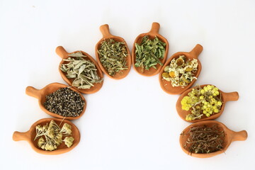 Different herbal teas in the spoon. Daisy, Melissa, Sage, golden grass , yarrow, oregano .