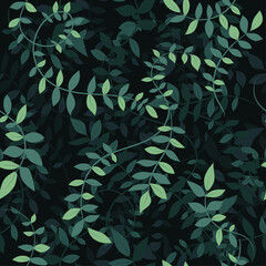 Seamless green leaves vine plant pattern in layers with shadows. Floral leaf overlay on brunch of climber plant. Suitable for wallpaper, wrapping, textile printing and backgrounds