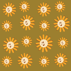 Fototapeta premium Vintage smiley faces and flowers, trippy seamless pattern. Retro hippie psychedelic emoji. Happy facial expression with chamomile
