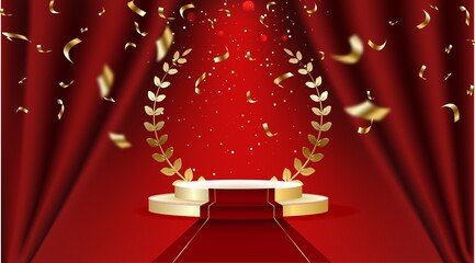 Red Stage Curtain with Spotlights, Seats and Golden Laurel Wreath. illustration.