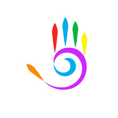 Illustration of Abstract Colored Hand with Five Fingers, and Spiral Design Element on White Background