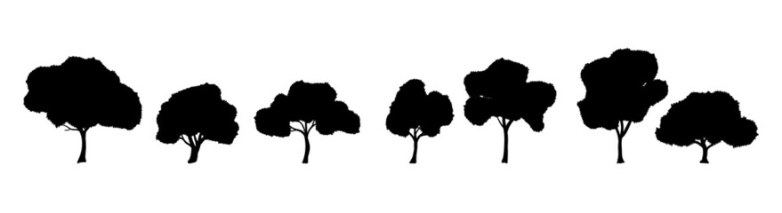 Collection of cartoon silhouette black trees illustrations. Can be used to illustrate any nature or healthy lifestyle or ecology theme. 