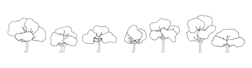Collection of cartoon outline silhouette trees illustrations. Can be used in coloring book.
