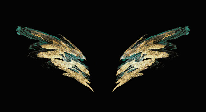 Abstract golden and blue hand painted wings on black background in vintage nostalgic colors